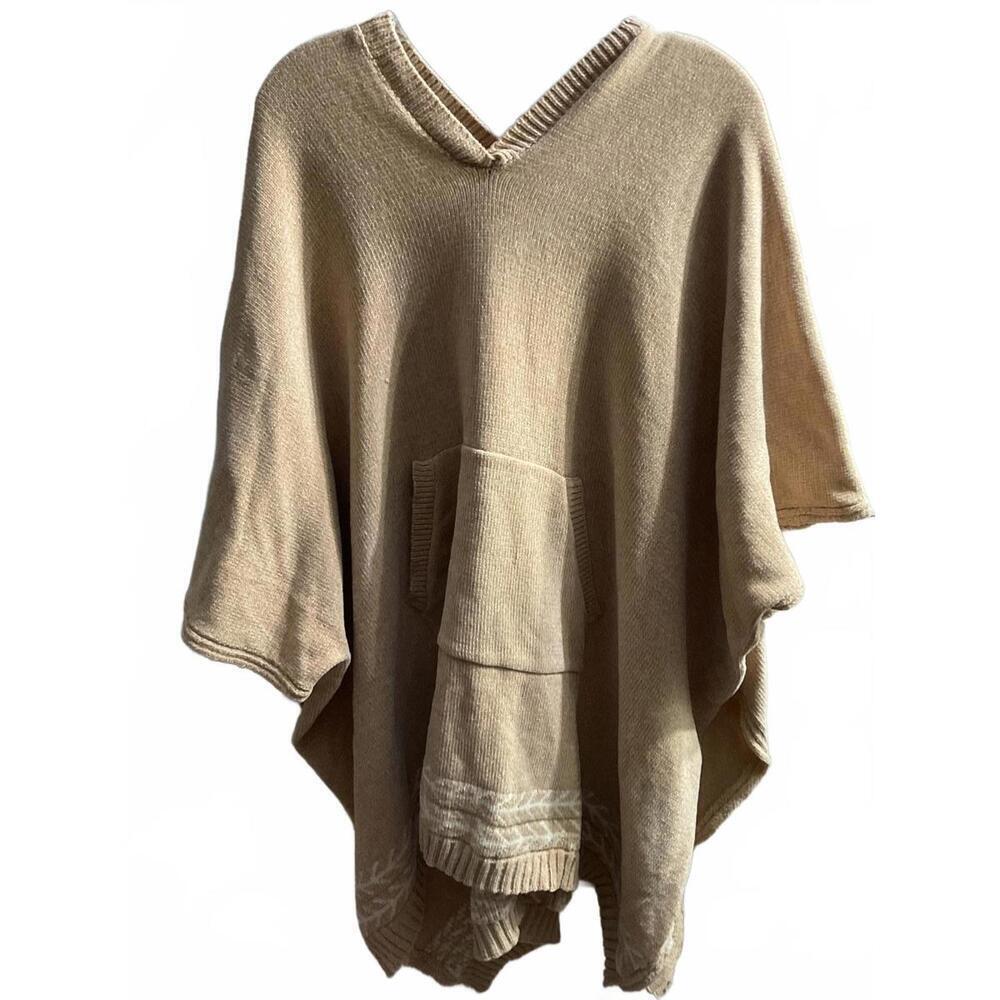 Soft Surroundings. Chenille Cozy Beige Knit Poncho with Hood and Pocket One Size